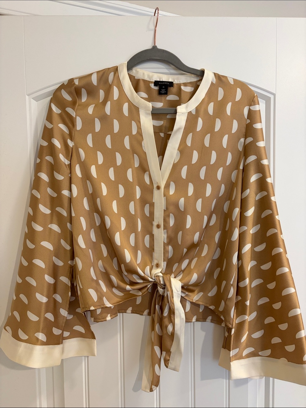 Halogen Women's Tie-Front Blouse in Camel and White